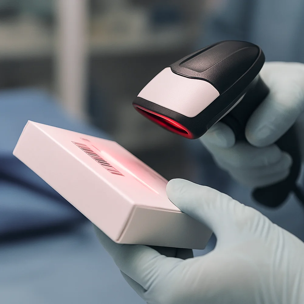 Médecin en train de scanner une boite de dispositif cardiaque implantable